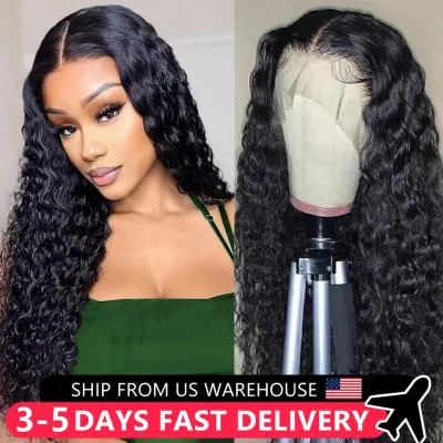 Deep Wave Lace Front 100% Human Hair Wigs 30 32Inch Indian Curly Re...