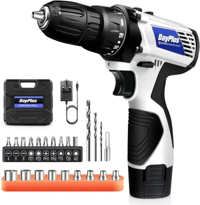 DayPlus Mini Cordless Drill Driver Kit,12V Electric Screwdriver Tool+LED Work Light,High Torque 45N.m,3/8Inch Keyless Ch