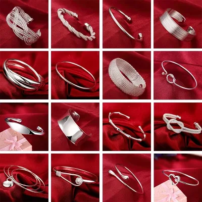 Trendy 925 Sterling Silver Bangles Bracelet Charms Cute Open for Women Fashion Jewelry Adjustment Size Cuff Wedding Part image 1