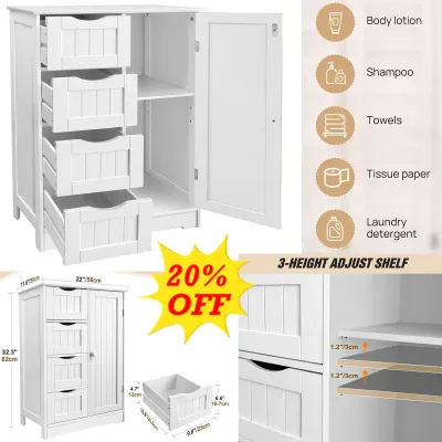 Bathroom Floor Cabinet Storage Organizer With 4 Drawers & 1 Door Fr...