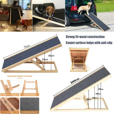 Solid Wooden Pet Ramp Car Dog Ladder - 4-Height Adjustable with Non-slip Carpet Safety Pets Ladder - Wooden Dog Ramp Pet