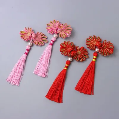 1Pair Cute Chinese New Year Red Pink Bows Hair Clips Chinese Style Kid Girl Tassel Hairpins Hair Accessories Hanfu headw