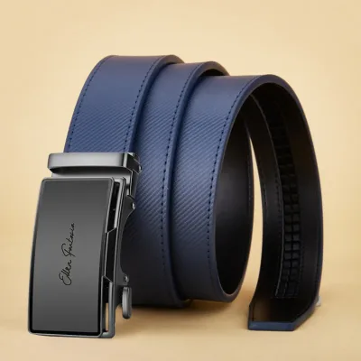 Blue Striped Genuine Leather Belt with Automatic Buckle for Men