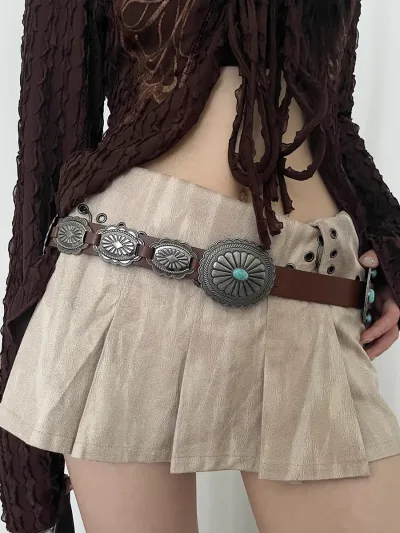 Gem Inlaid National Style Belt for Women Dress Chatelaine