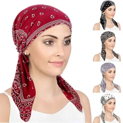 New Muslim Women Soft Turban Hat Headbands Pre-Tied Head Scarf Printed Ladiess Cotton Chemo Cap Inner Hijabs Hair Access