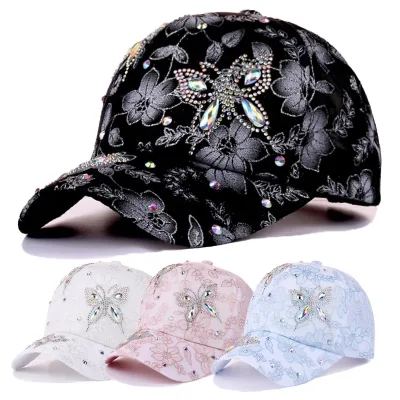 Women Baseball Cap Flower Butterfly Rhinestone Lace Breathable Sunshade Curved Brim Fashion Cap Street Dance Party Casua