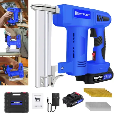 DayPlus Cordless Brad Nailer 21V, 2-in-1 Nail Gun/Staple Gun, Battery Powered Stapler Gun Woodworking with Battery and C