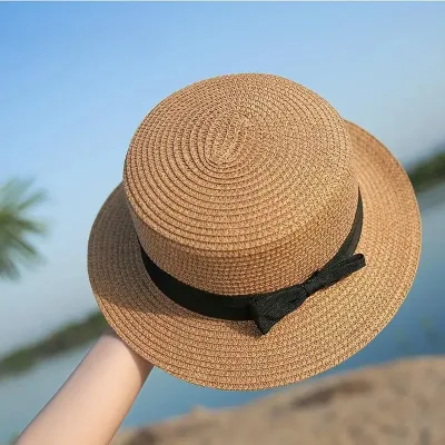 COKPanama Simple Summer Beach Sun Protection Bowknot French-style Small Hat Women's Casual Flat-Brimmed Straw Hat with B