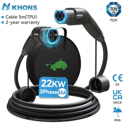 Khons EV Charging Cable Type2 To Type2 Charger Cable 22kw 32A EV Charger Female Plug To Male Plug EVSE Charging 5M TPU C