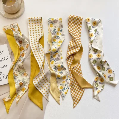 Yellow Pastel Silk Scarf Multifunctional Hair and Bag Accessory