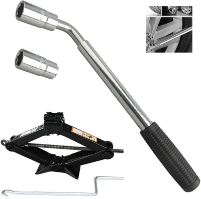 Universal Spare Tire Tool Kit Wheel Lug Nut Wrench 17mm 19mm 21mm 23mm + Scissor Jack 2 Ton for Car Van Road Side Emerge image 1