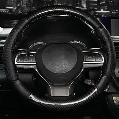 Carbon Fiber Black Leather Car Steering Wheel Cover Breathable Non-slip Universal 38cm for Kia Ceed Sportage Picanto Cer