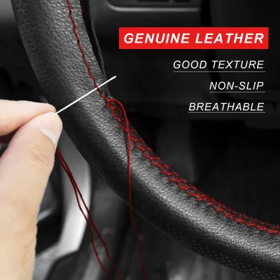 38cm 15'' Genuine Luxury Cowhide Leather Red Thread Steering Wheel Cover Protector Kit DIY Sewing Punched Vehicle Thread