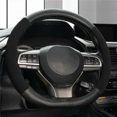 D-Shaped Carbon Fiber & Suede Leather Car Steering Wheel Cover Anti-Slip Protector Breathable Sweat Absorbent Sport 38cm