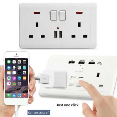 Double Wall Plug Socket 2 Gang 13A w/ 2 Charger USB Ports Outlets Flat Plate UK image 1
