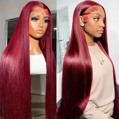 Burgundy 13x6 HD Lace Frontal Human Hair Wig Straight wig 13x4 Lace Front Human Hair Wigs For Women 99J Colored 200 High image 1