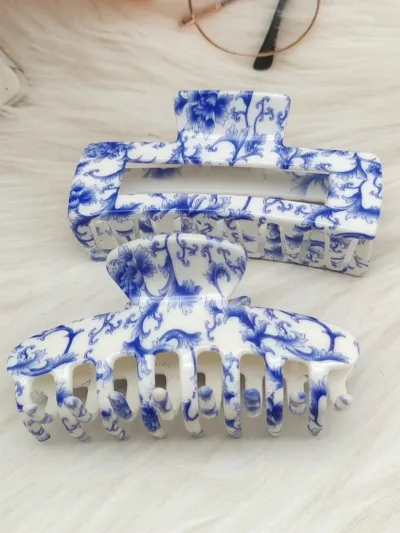 1 Pcs Fashion Blue White Porcelain Printed Hair Claws For Women Girls Party Hair Accessories