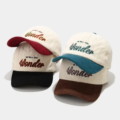 Fashion Autumn Winter Corduroy Baseball Cap For Men Women Vintage WONDER Letter Embroidery Keep Warm Snapback Hat Hip Ho