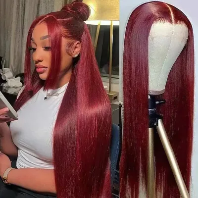 Burgundy 13x4 HD Lace Frontal Human Hair Wig Straight Red 13x6 Lace...