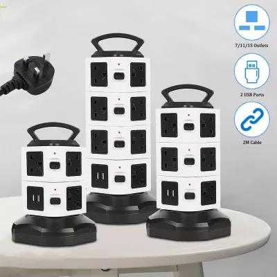 Vertical Power Strip 7/11/15 Ways Tower Socket Surge Protector UK Plug Multi Outlets with 2 USB 2m Extension Cable Home 
