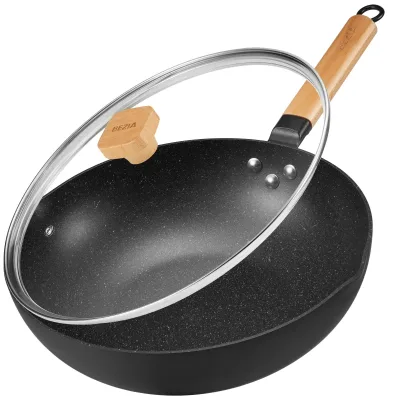 Inductions Wok with Lid, Non-Stick Wok Pan 30cm, Stir-Fry Pan with Wooden Handle, Easy Cleanup ＆ Ovensafe, for All Hobs image 1
