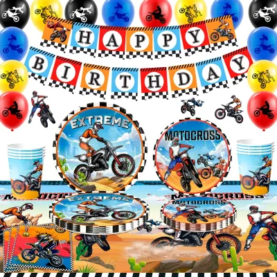 Motorcycle Birthday Supplies,98pcs Decorations&Motorcycle Theme Party Tableware Set-Dirt Bike Party Plates and Napkins C image 1
