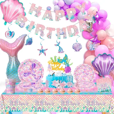 Mermaid Party Supplies,90 Pcs Party Supplies Kit-Mermaid Birthday Plates Cups Napkins Tablecloth&Banner Balloons etc for