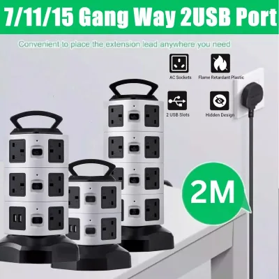 7/11/15 Ways Tower Socket Surge Protector Vertical Power Strip UK Plug Multi Outlets with 2 USB 2m Extension For Home Of