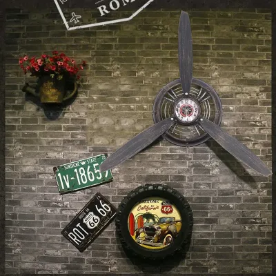 Rustic vintage iron work industrial wind aircraft propeller wall clock Bar restaurant wall decoration image 1