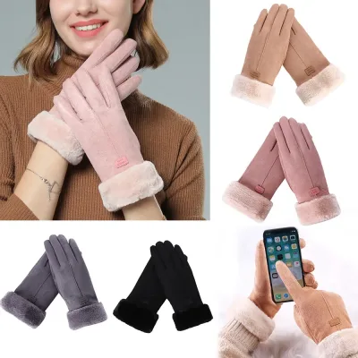 1pair Women Ladies Winter Gloves Touch Screen Fleece Suede Warm Soft Fur Lined Thermal image 1