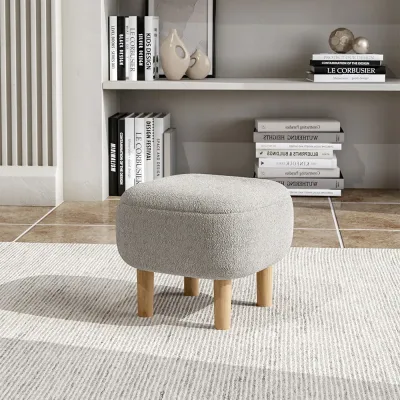 Beige and Grey Pouffe Footstool with Wooden Legs