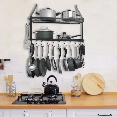 2 Tier Wall Mounted Kitchen Hanging Pot Rack With Hooks