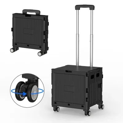 Folding Utility Cart Portable 360° Rolling Wheels Telescopic Handle Trolley Collapsible Shopping Box with Lid for Campin