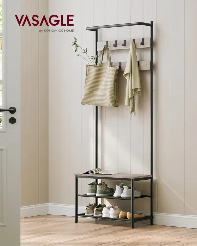 VASAGLE Coat Rack with Shoe Storage, Hall Tree, Coat Stand with Shoe Bench, 9 Movable Hooks, Top Bar, 32.2 x 64 x 180 cm image 1