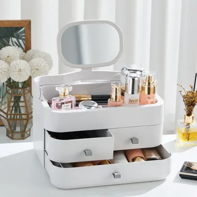 White Makeup Organiser with Mirror and Pull-Out Drawers