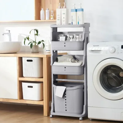 Grey 4 Tier Storage Rack Laundry Basket With Wheels