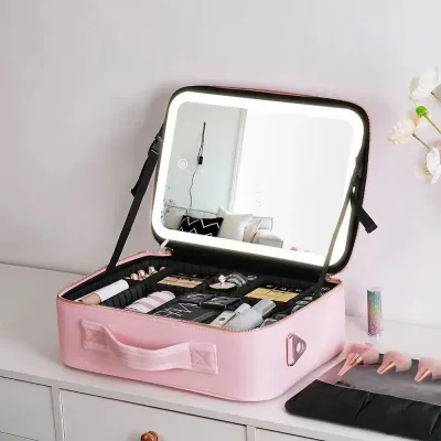 Pink Travel Makeup Bag with LED Mirror Dimmable LED Lights