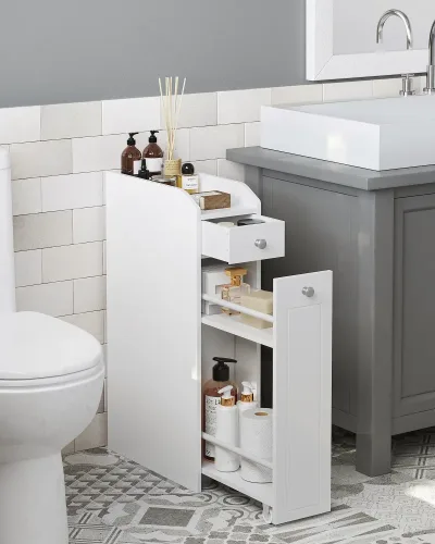 VASAGLE Small Bathroom Cabinet, Slim Bathroom Storage Unit,  Freestanding Toilet Paper Storage Cabinet with Slide Out Dr image 1