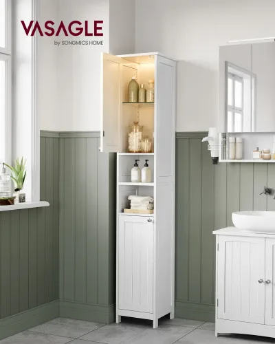 VASAGLE Tall Bathroom Cabinet with Lights, Freestanding Narrow Storage Unit with Adjustable Shelves, Open Compartments image 1