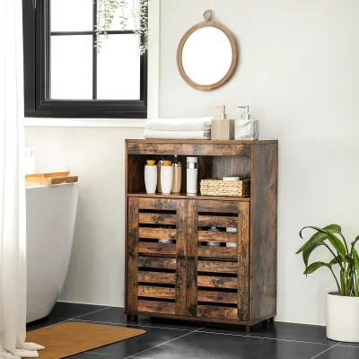 VASAGLE Bathroom Cabinet Storage Cabinet 4 Tier Rustic Chic Shelf 60 x 30 x 80 cm with Louver Doors, Compartments image 1