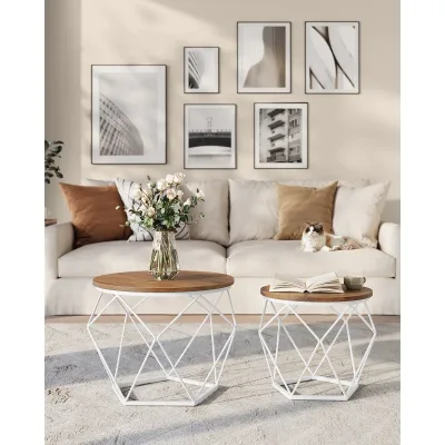 VASAGLE Round Coffee Table, Set of 2, Side Table, Sofa End, Modern Style, Removable Top, Steel Frame, for Living Room image 1
