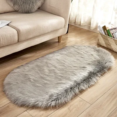 Oval Faux Fur Sheepskin Floor Rug, Grey 60x900CM