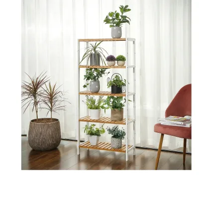 SONGMICS BCB35WN 5 Tier Bathroom Shelf with Bamboo Kitchen Stand, 9 Adjustable Heights, Multifunctional Display image 1