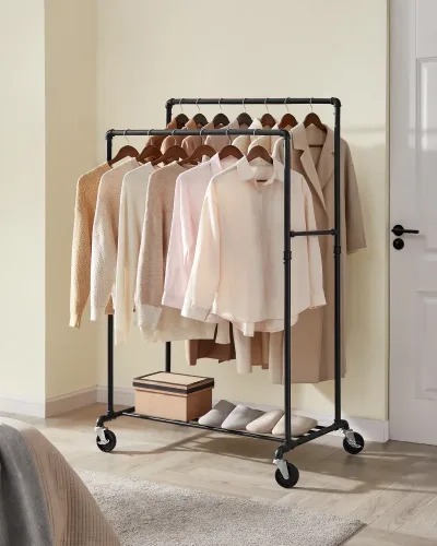 SONGMICS Clothes Rail, Coat Stand with Double 100 cm Long Hanging Rails, Metal Frame, with Wheels and Storage Shelf image 1