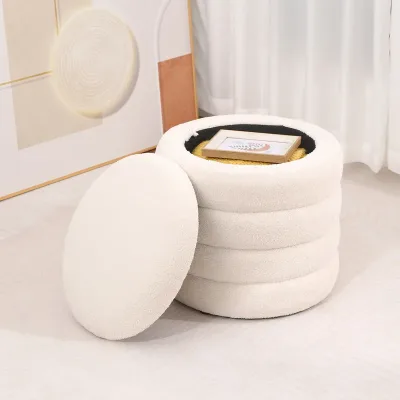 18" Teddy Velvet Round Ottoman Small Makeup Stools Chairs Boucle St...