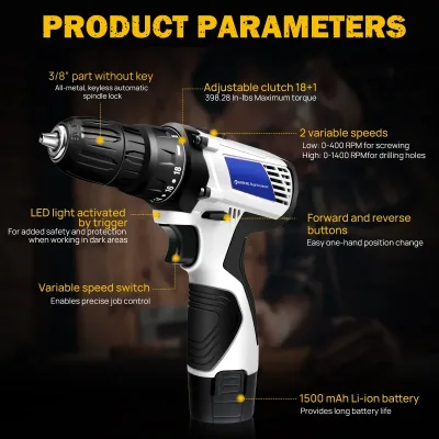 45Nm Cordless Drill Screwdriver with 2 Batteries, Electric Screwdriver, Impact Driver Drill, 2 Speed, Forward & Reverse 