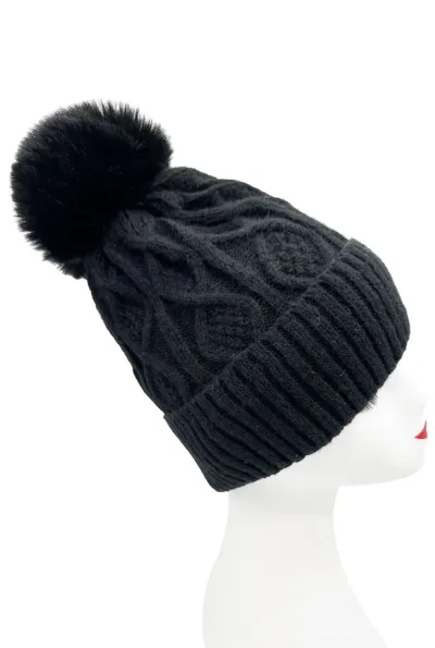 Cable Knit Beanie Hat with Faux Fur Pompom Men and Women