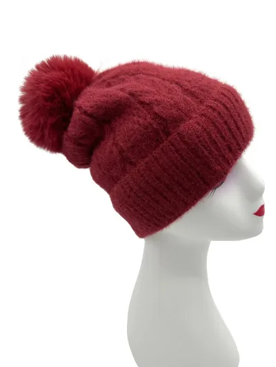 Red Cable Knit Beanie with Faux Fur Pom-Pom Women Winter Hat