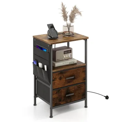 Goflame End Table Nightstand With Charging Station Industrial Bedsi...