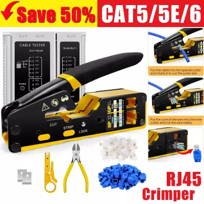 DayPlus RJ45 Network Crimper with Tester, 3-in-1 Crimping Cutting Stripping Lan CAT5/5E/6 (STP/UTP) & RJ11/12 Tel Modula